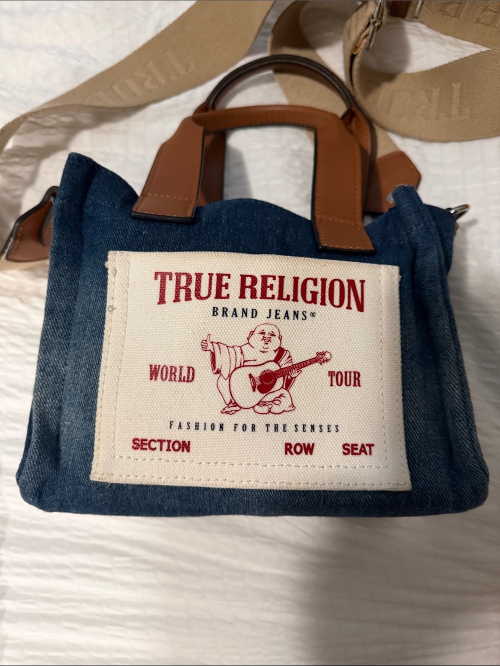 True Religion Denim Messenger Bag with Tan Leather Accents